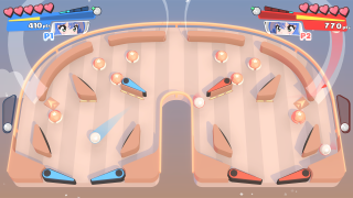 Two players competing on Bumper Bout's classic joined playfield